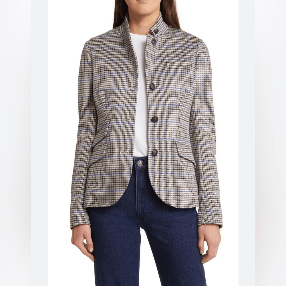 Rag & Bone Slade Plaid Blazer Women's 8 Blue Plaid Stand Collar Jacket Stretch